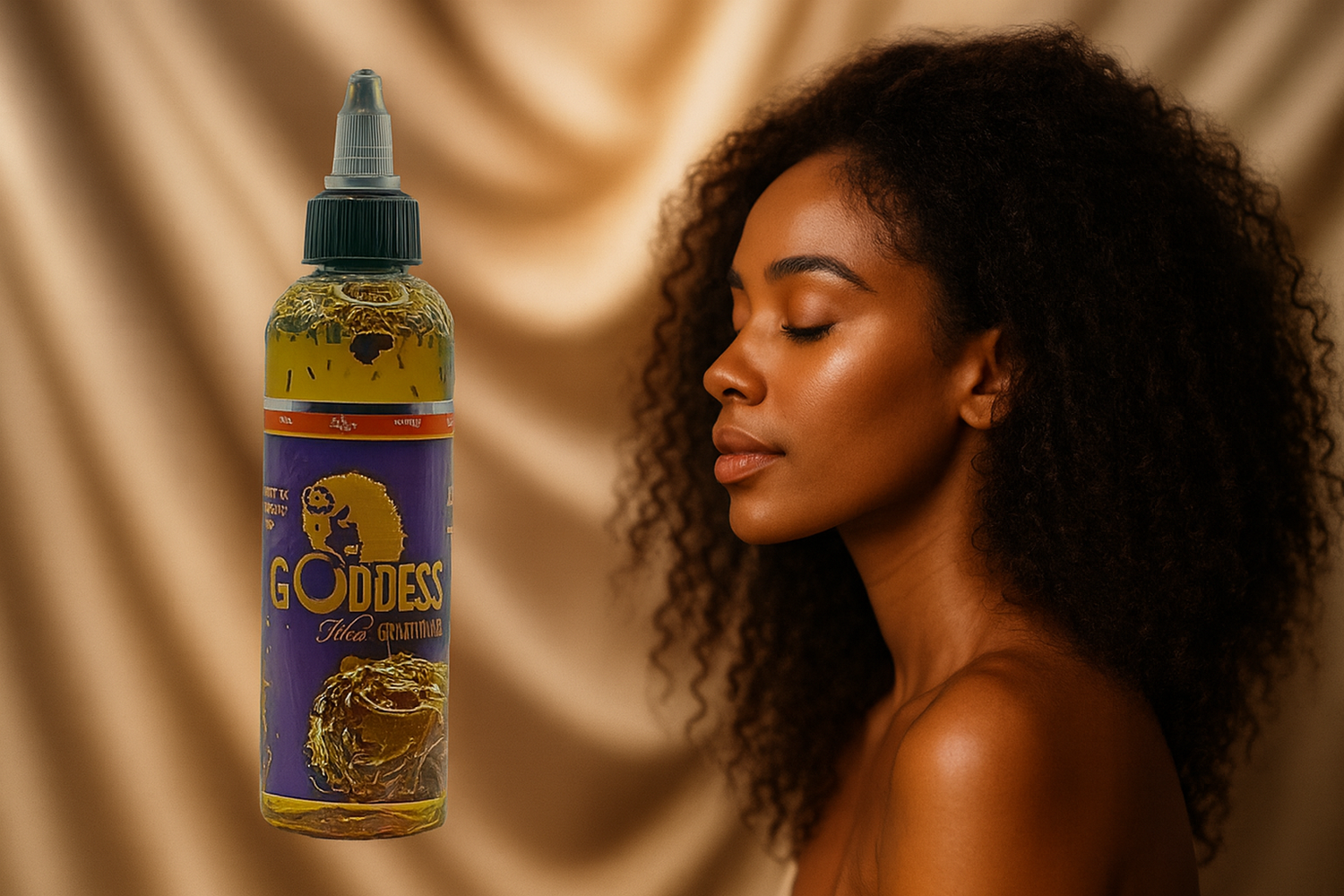 Bottle of 'Goddess' hair product with a woman against a beige curtain background