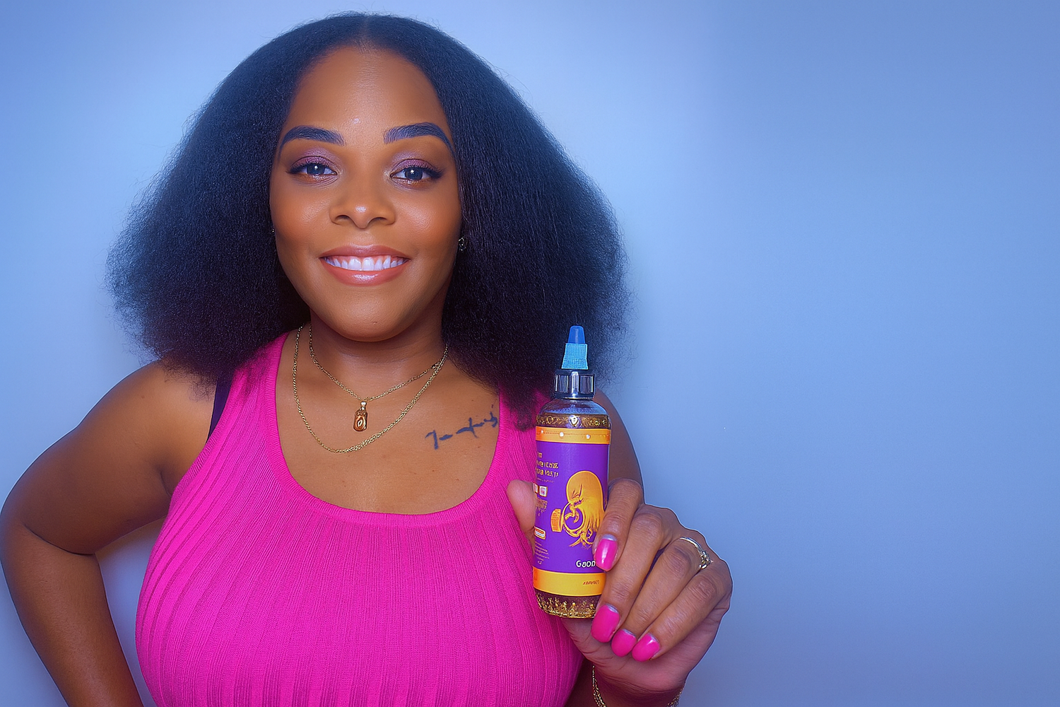Woman holding a bottle with a purple label against a blue background