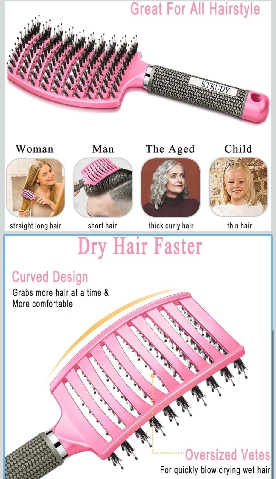 Curved vented, hairbrush boar bristle - Goddesshairandskin