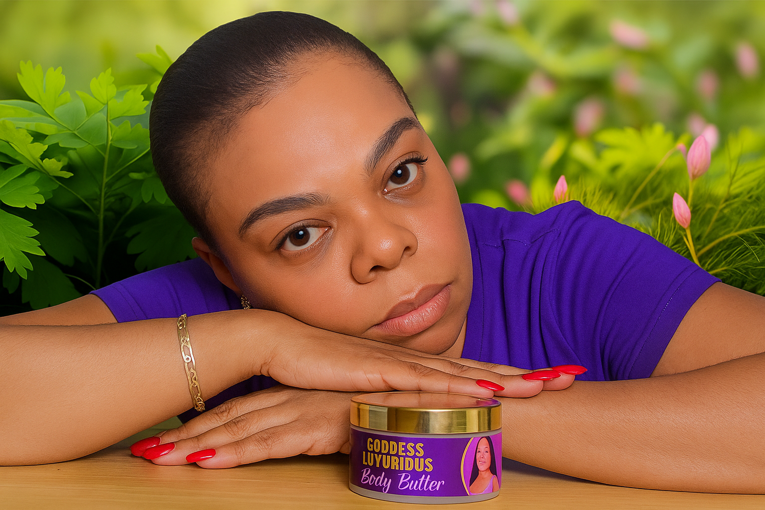 Woman with a purple shirt holding a product labeled.