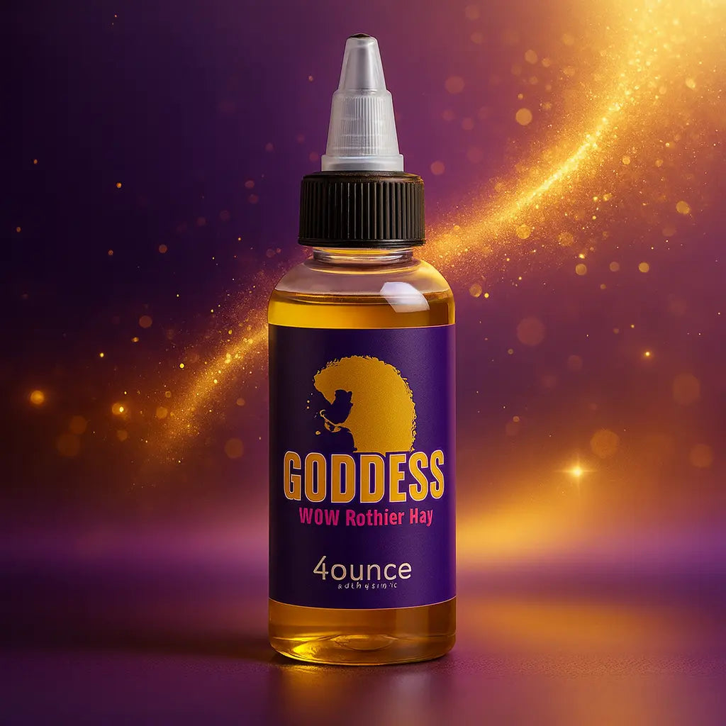 Bottle of 'Goddess' liquid with a purple label on a glowing purple and gold background