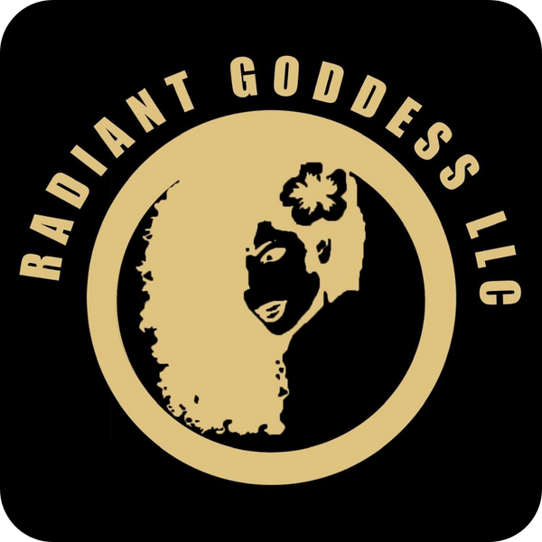 Logo of Radiant Goddess LLC with a stylized face and circular design on a black background